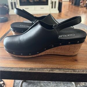 Corkys Black Leather Clogs with Cork Wedge